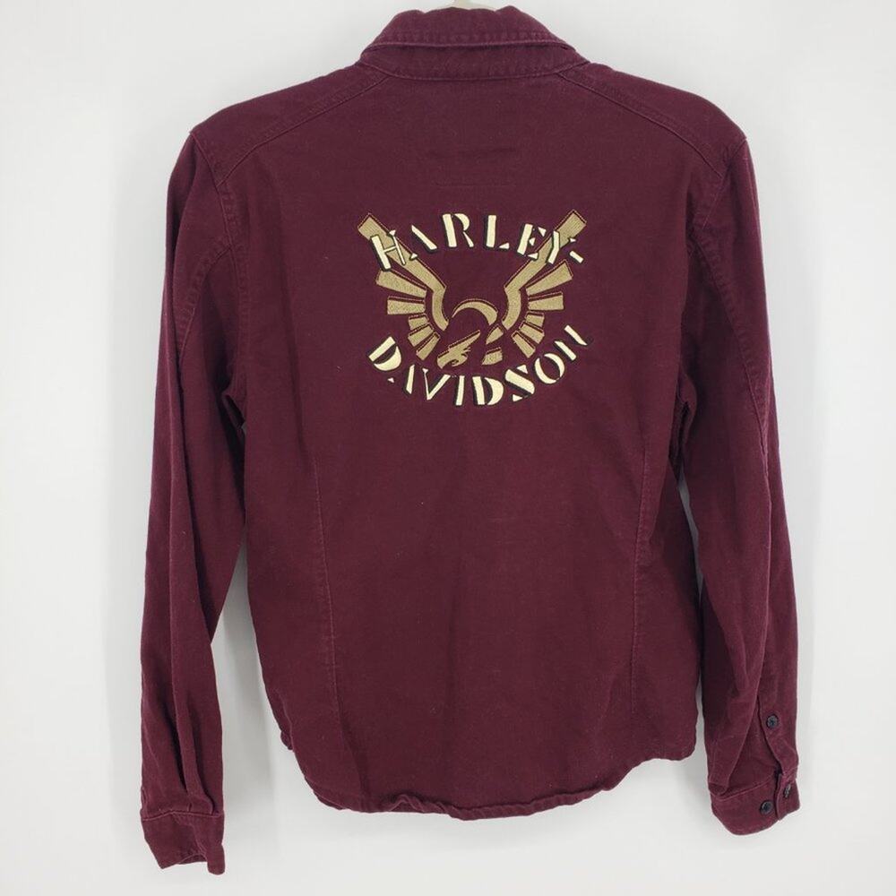 Harley Davidson Button Down Shirt M Embroidered Eagle Long Sleeve Maroon Womens